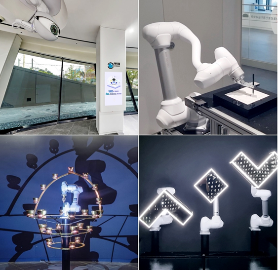 ▲ Doosan Robotics' collaborative robots displayed at the Seoul Robot & AI Science Museum. (Clockwise from top left) AI-Ball, AI Persona, Robotic Mirror Wall, and Robot Singing Bowl